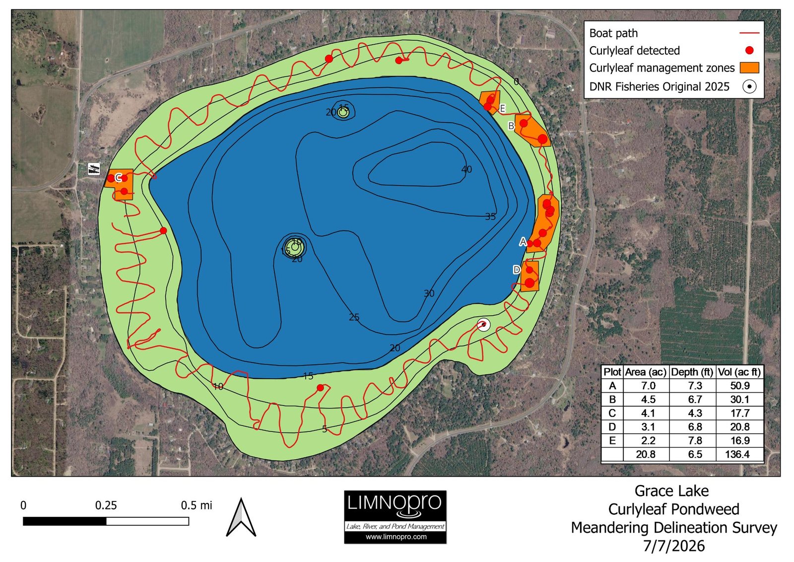 LimnoPro meandering delineation survey map of Grace Lake, July 7 2026, showing the red boat path around the shoreline, curly-leaf detection points, and five orange curly-leaf management zones labeled A through E