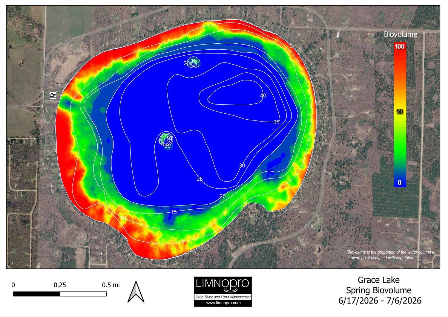 Sonar biovolume map of Grace Lake for spring 2026, showing dense vegetation in a ring around the shallow shoreline, heaviest on the west and south shores, with open water in the deep center.