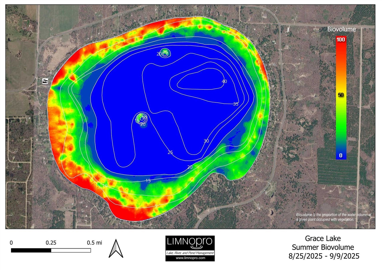 Sonar biovolume map of Grace Lake for summer 2025, showing a similar ring of dense vegetation around the shoreline, somewhat denser than the spring map.