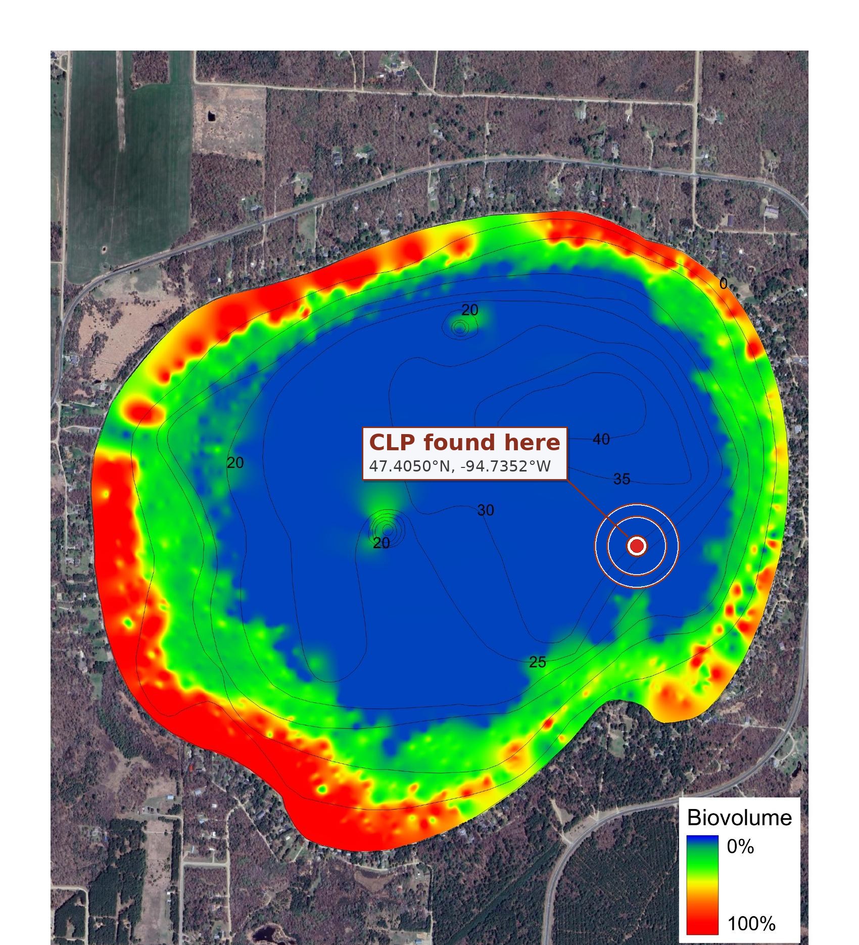 Grace Lake biovolume map showing the littoral plant-growth zone and the CLP discovery location in the southeast bay